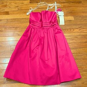 David’s Bridal hot pink strapless ruched sweetheart neckline fit and flair dress